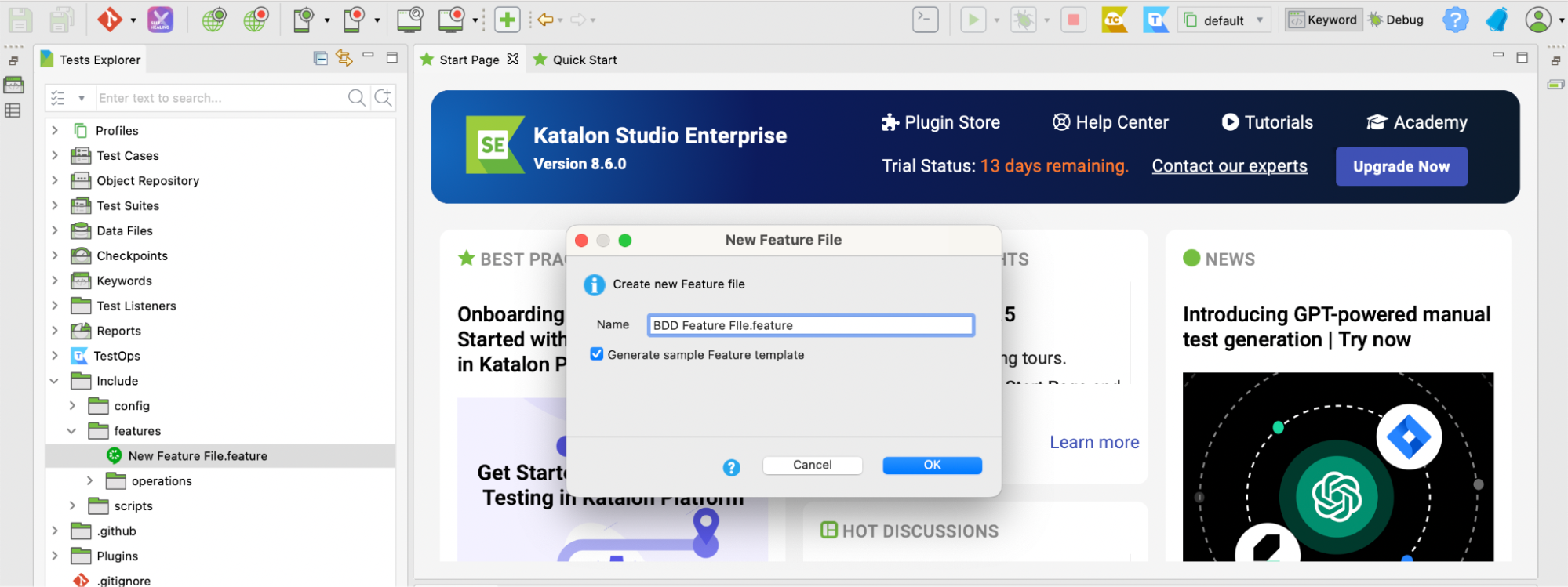 Generate sample feature file template for BDD testing in Katalon Studio